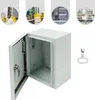 A light gray metal electrical junction box with its door open, revealing the interior. Several circular inset images at the top show close-ups of electrical wiring and components. Náhled obrázku produktu