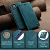 A teal-colored flip phone case is displayed on a textured brown background, with close-up circular insets highlighting product features. Produktbild-Vorschau