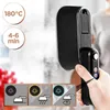 A hand holding a black steam iron with steam coming out, with marketing graphics and text overlays. Produktbild-Vorschau