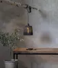 A black rattan-look lampshade hangs from a branch above a wooden table with stones on it. A potted plant is to the left. Produktbild-Vorschau