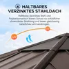 A close-up view of a brown metal roof with text overlays and icons indicating UV protection and airflow. Produktbild-Vorschau