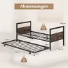 A diagram showing the dimensions and weight capacity of a metal bed frame with a pull-out trundle. Produktbild-Vorschau