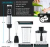 A product image showcasing an Arendo stainless steel hand blender with its accessories, accompanied by descriptive text and certification logos. Produktbild-Vorschau