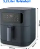 A dark gray air fryer is shown from a three-quarter front angle, with dimensions indicated by lines and text. Produktbild-Vorschau