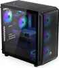 A black computer tower case with RGB lighting visible through a tempered glass side panel. Produktbild-Vorschau