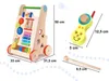 A wooden baby walker and toy set with dimensions indicated by measurement lines and text. Produktbild-Vorschau