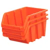Three orange plastic storage bins stacked on a white background. Produktbild-Vorschau