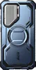 The back of a blue phone case with a textured insert and a circular design. Produktbild-Vorschau