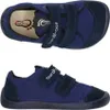 A top-down and side view of a pair of navy blue children's sneakers with two velcro straps.