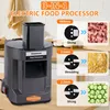 A commercial electric food processor is shown with diagrams illustrating its dicing, shredding, and slicing functions. Náhled obrázku produktu