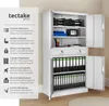 A white metal filing cabinet with its doors open, filled with binders and other office supplies. A text overlay on the left describes the features of the cabinet. Produktbild-Vorschau