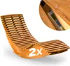 A wooden rocking lounge chair is shown against a white background. A close-up inset shows water droplets on the wood. Produktbild-Vorschau