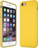 A yellow iPhone case is shown next to an iPhone displaying its home screen. Produktbild-Vorschau