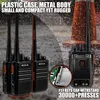 Walkie-talkies are shown in a rainy outdoor environment, with text highlighting their features and durability. Produktbild-Vorschau