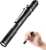 A black LED pen flashlight is shown against a white background, with a hand holding a smaller version of the flashlight in the lower right corner. Produktbild-Vorschau