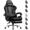 A black gaming chair with a footrest and lumbar pillow is shown, with several other colored gaming chairs displayed vertically on the right side of the image. Produktbild-Vorschau