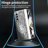 A folded smartphone case with a circuit board design is displayed on a black stand with blue neon accents. Produktbild-Vorschau