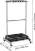 A metal and plastic storage rack with a bin and hooks, with dimensions indicated. Anteprima dell’immagine prodotto