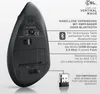 The bottom view of a black vertical wireless mouse with informational text and graphics explaining its features and connectivity. Produktbild-Vorschau