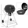 A charcoal grill with dimensions and a close-up view of its interior. Produktbild-Vorschau