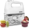A white Duronic hand mixer with its accessories in a clear storage box, next to some macarons and a cupcake. The background is white. Produktbild-Vorschau