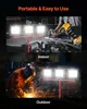 The image shows two scenes: an indoor scene of a person working on a car engine with portable work lights, and an outdoor scene of a welder working with sparks flying, also illuminated by portable work lights. The text "Portable & Easy to Use", "Indoor", a Podgląd zdjęcia produktu