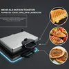 A product shot of a silver and black sandwich maker/grill, with images of food it can prepare shown in circles on the right. Produktbild-Vorschau