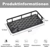 A black bathroom shelf with dimensions and feature icons shown. Produktbild-Vorschau