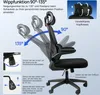 An ergonomic office chair with diagrams illustrating its adjustable features. Produktbild-Vorschau