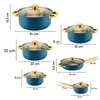 A diagram showing different sizes of cookware with measurements. Voir les images du produit