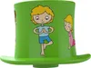 A green cylindrical product with a brim, decorated with cartoon illustrations of children doing yoga poses. Produktbild-Vorschau