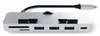 A silver USB-C hub with multiple ports and card slots, connected by a black cable to a silver USB-C connector. Produktbild-Vorschau