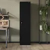 A tall black metal locker with a lock stands against a textured gray wall on a wooden floor. To the left, a desk with a lamp is visible, and to the right, a shelf with plants. Náhľad obrázku produktu