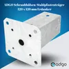 A metal post anchor is shown against a blue and white gradient background with text and a logo. Produktbild-Vorschau