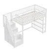 A white loft bed with stairs and shelves, shown from a slightly elevated angle against a white background. Produktbild-Vorschau