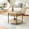 A round coffee table with a lift-top feature is shown in a living room setting, next to a sofa. Podgląd zdjęcia produktu