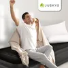 A man is stretching on an air mattress with a blanket draped over him. Produktbild-Vorschau