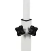 A close-up of a white adjustable stand with two black knobs for height adjustment. Produktbild-Vorschau