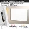 A close-up view of an infrared heating panel with text overlays highlighting its features and benefits. Produktbild-Vorschau