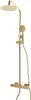 A gold-colored shower system with a round rain shower head and a handheld shower head, mounted on a vertical pole. Náhled obrázku produktu