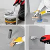 A collage of four images showing the application of a waterproofing liquid membrane. Produktbild-Vorschau