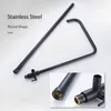 A black stainless steel shower fixture with text overlays. Produktbild-Vorschau