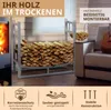 A metal firewood rack filled with logs, placed indoors next to a fireplace and a sofa with a guitar. The image also includes marketing text and icons. Podgląd zdjęcia produktu