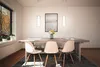 A dining room scene with a table, chairs, and a window. Voir les images du produit