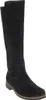 A black suede knee-high boot is shown against a white background. Produktbild-Vorschau
