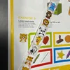 A page from a children's workbook with stickers, featuring animals and shapes. Produktbild-Vorschau