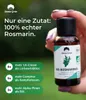A hand holding a small bottle of rosemary oil, with text overlays highlighting product benefits. Produktbild-Vorschau