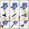 A collage of images showing a cordless vacuum cleaner and its various attachments, presented in a home setting. Produktbild-Vorschau