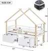 A diagram of a house-shaped bed with dimensions and a close-up of a mattress. Voir les images du produit