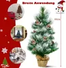 Collage of images showing a mini Christmas tree in different settings, including a living room and an office, along with a snowman illustration and a size indicator. Náhled obrázku produktu